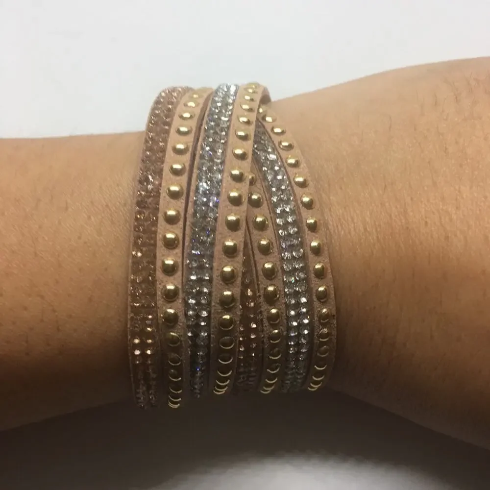 Mix Stud Slit Layer Wrap Bracelet - Beige